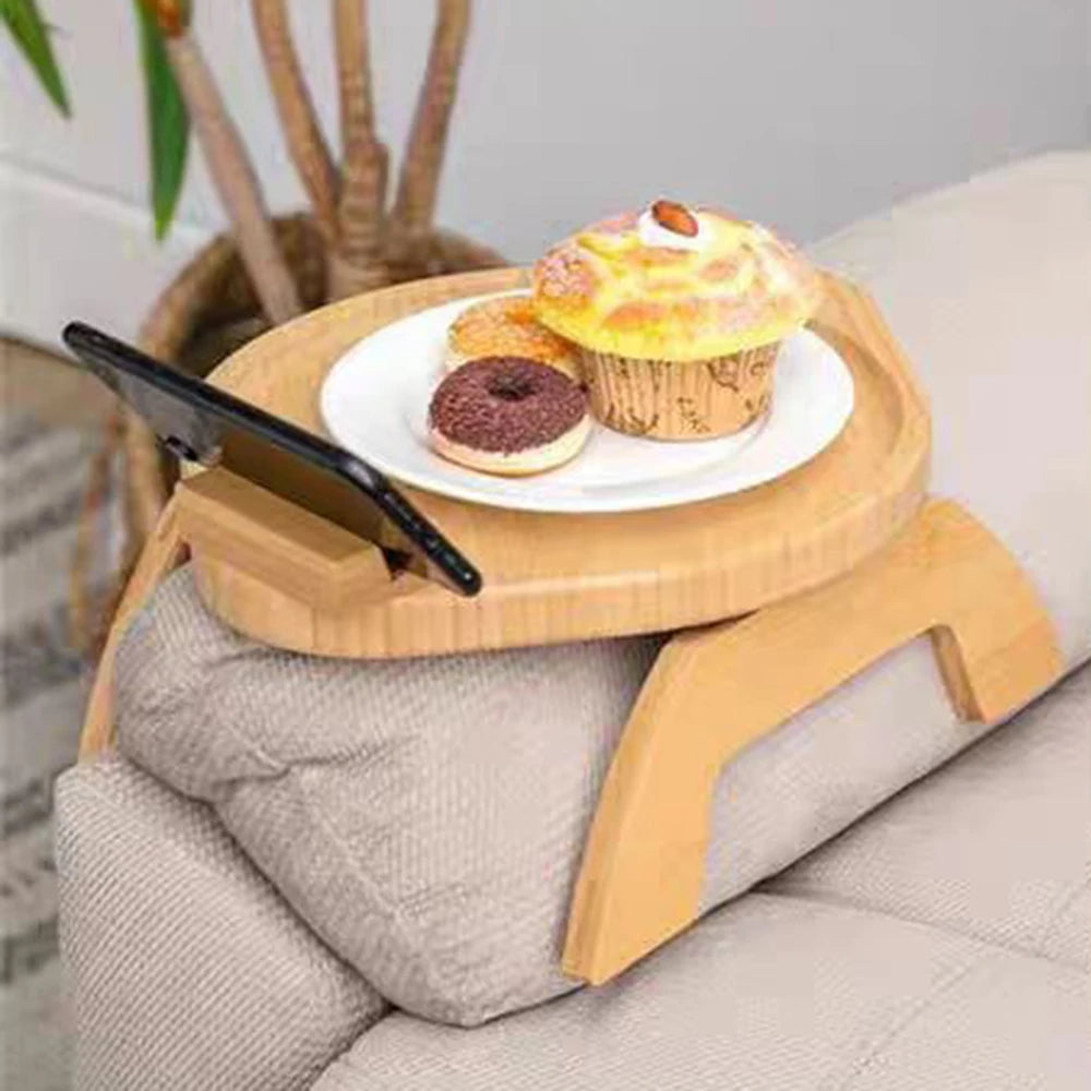 Multifunktionales Bambus- und Holz-Sofa-Armlehnen-Tablett – Snack-, Dim Sum- und Obst-Tablett mit Handyhalter für Wohnzimmer und Teetisch