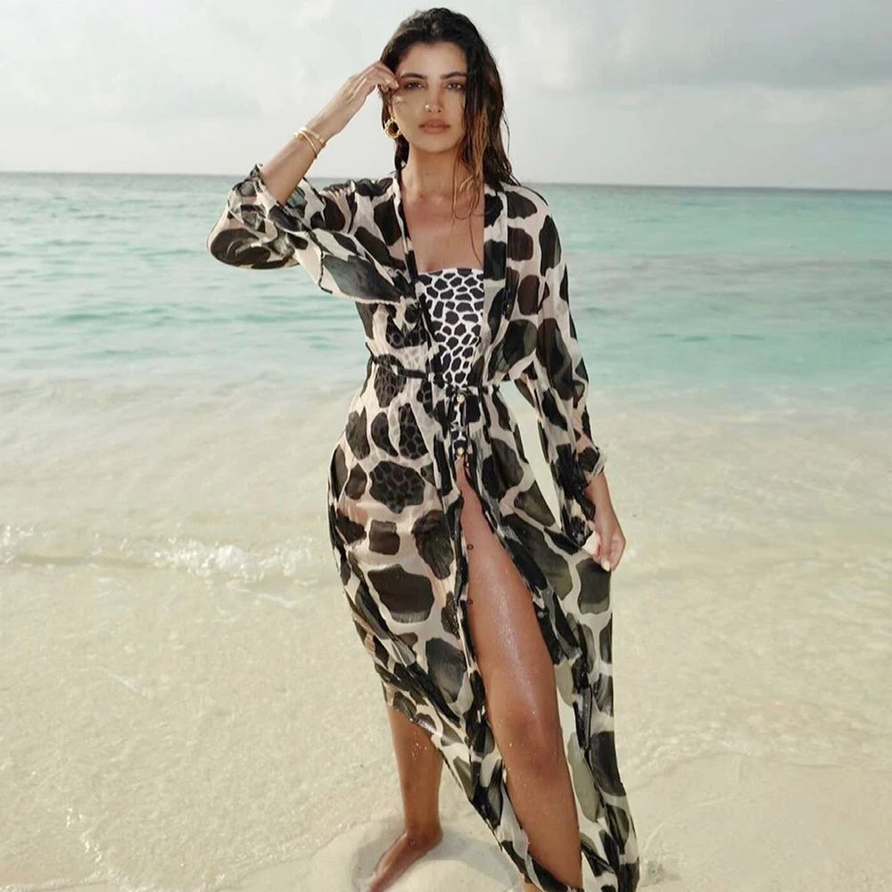 Bikini Beach Cover-Up Tunika mit Blätterdruck – Lange Kaftan Sarong Badeanzug Bedeckung für den Strand