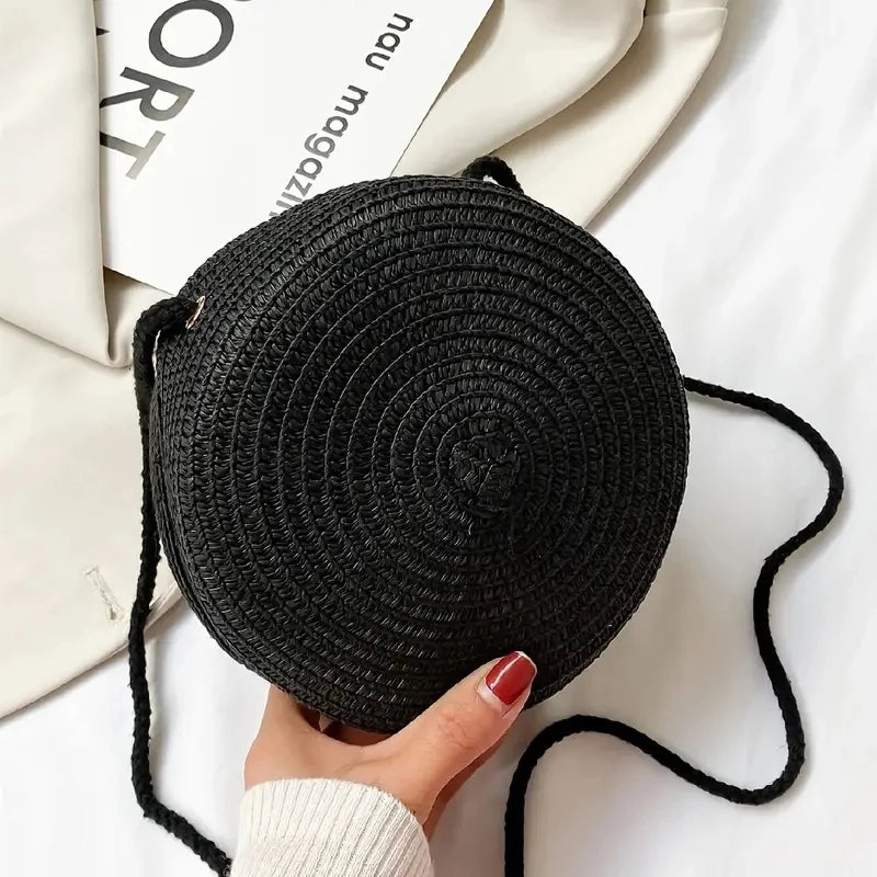 Sommer Woven Straw Crossbody Tasche für Frauen – Handgefertigte Runde Rattan Strandtasche, Kleine Schultertasche für Reisen