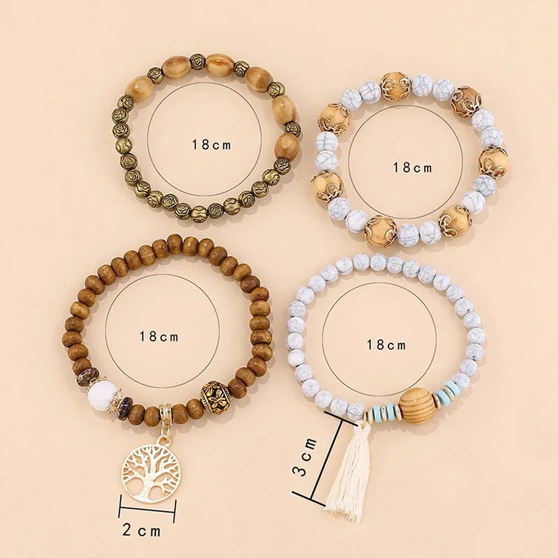 4-teiliges Boho Holz Perlen Armband Set für Frauen – Baum des Lebens mit weißen Fransen Charme, elastischer Kettenbangle, Bohemia Schmuck