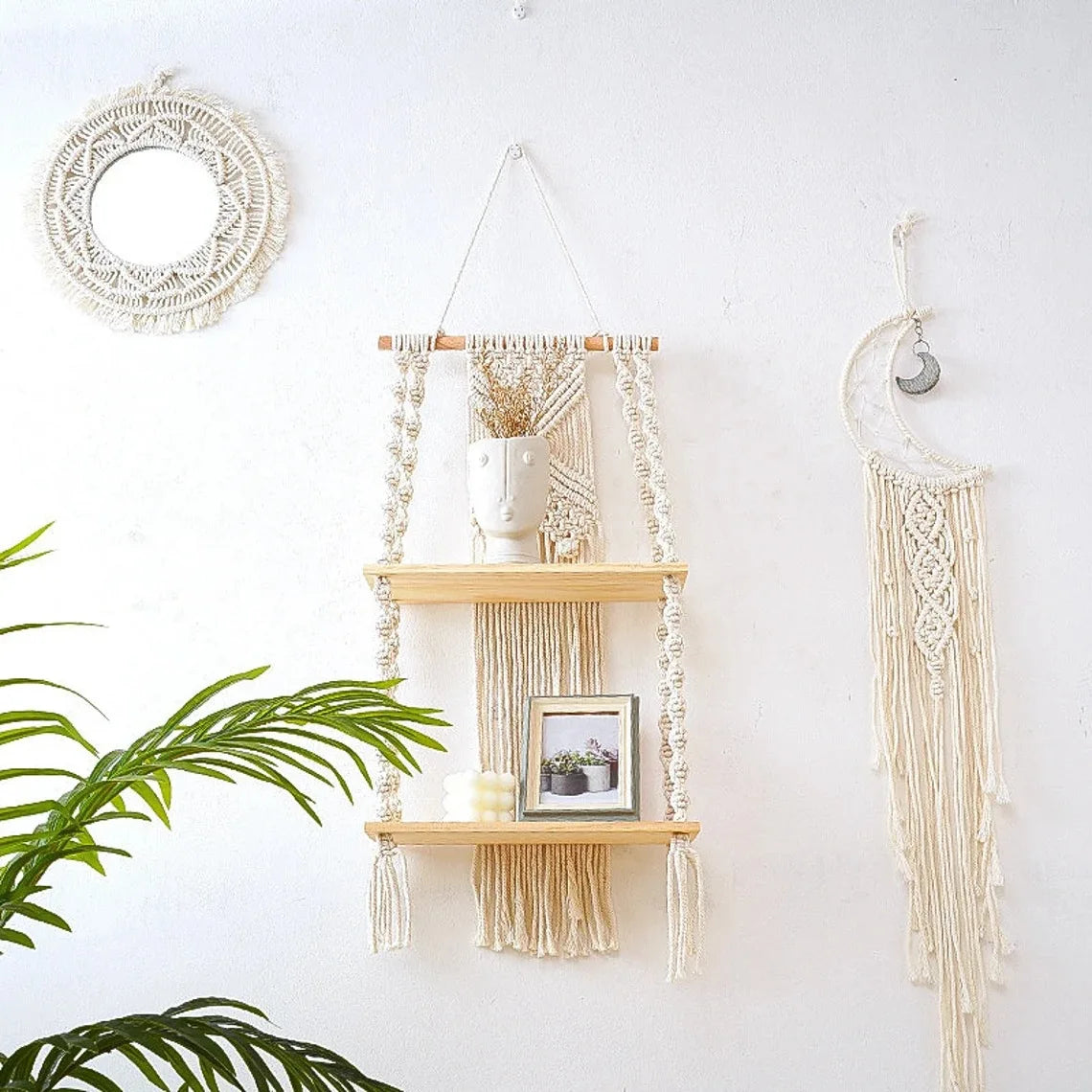 Macrame Wandregal im Boho-Stil – Dekoratives Holzregal für Pflanzen & Wohnaccessoires