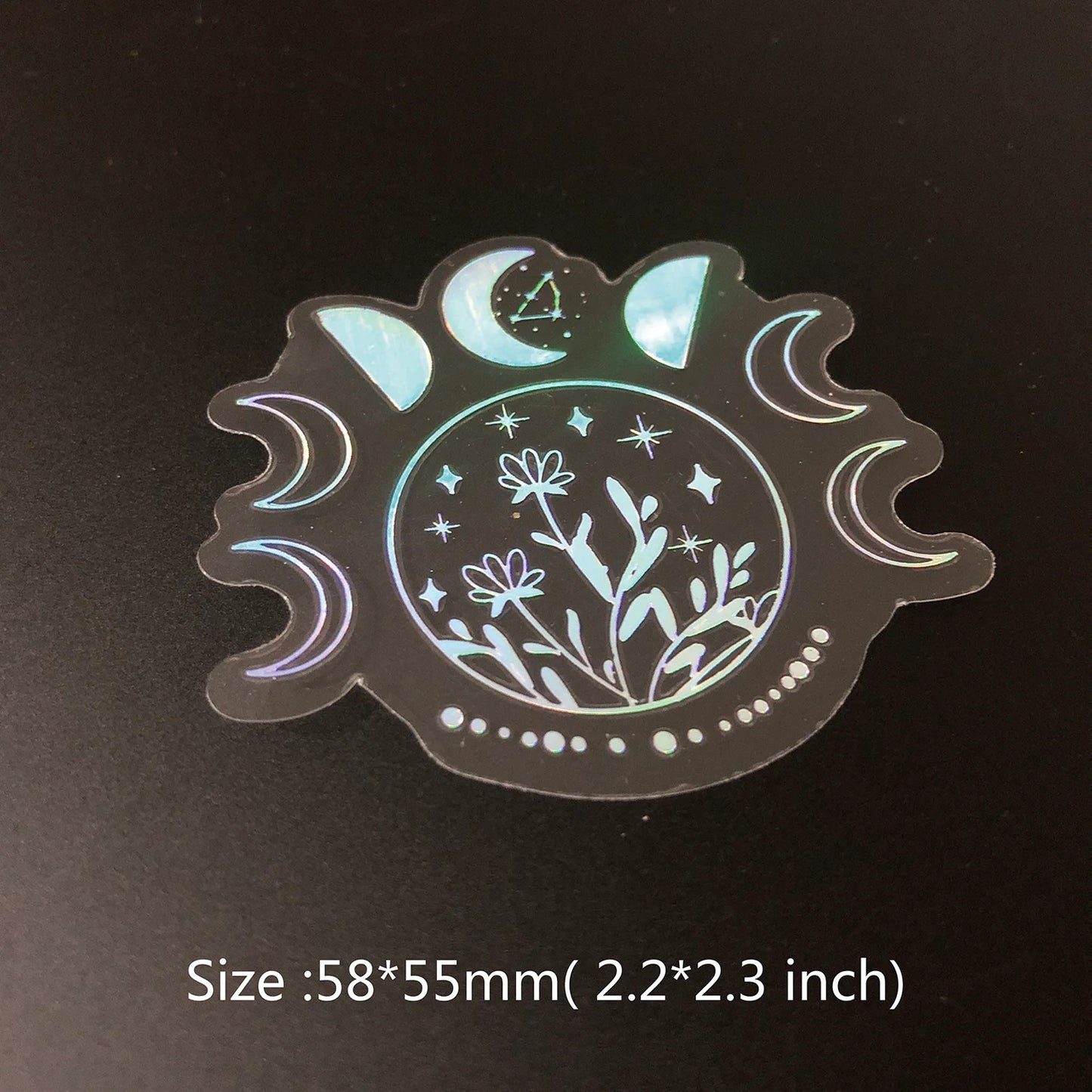 100 Stück Laser-Silber Aufkleber im Boho-Stil – Wasserfeste PET-Aufkleber mit Mond, Sonne, Diamant und Feder