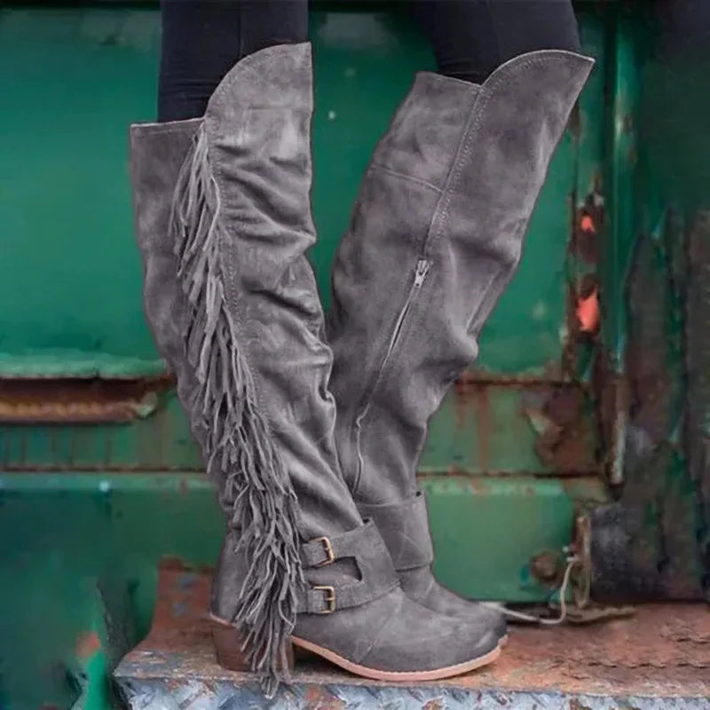 Winter Long Boots mit dicken Absätzen und langen Fransen – Große Größen für Damen