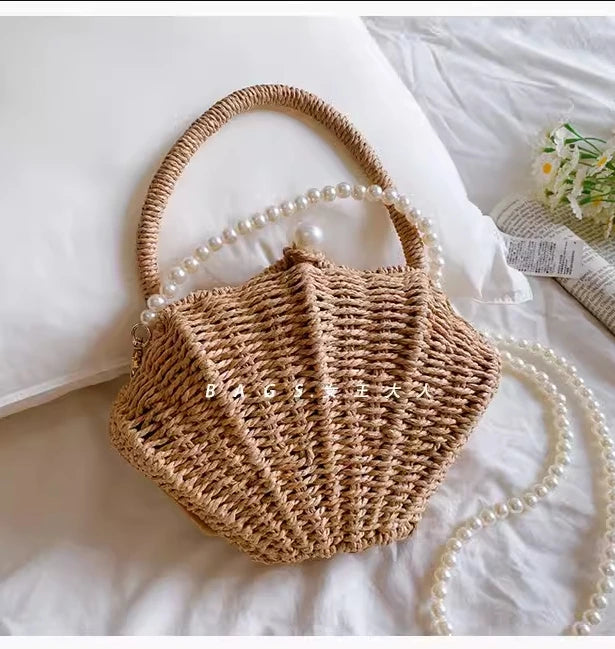 Muschel-förmige Rattan Woven Umhängetasche – Kleine Strohtasche für Strandurlaub und Freizeit