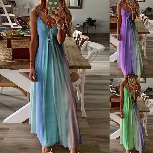 Sexy Gradient Tie-Dye V-Ausschnitt Kleid für Damen – Boho Sommer Trägerkleid, Buntes Urlaubs-Party Kleid