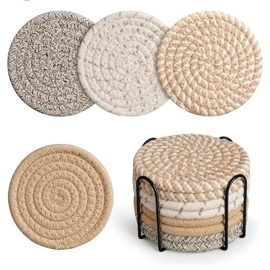 8er-Set Absorbierende Untersetzer für Getränke mit Halter – Minimalistische Baumwollgewebte Coaster für Tischdekoration im Boho-Stil