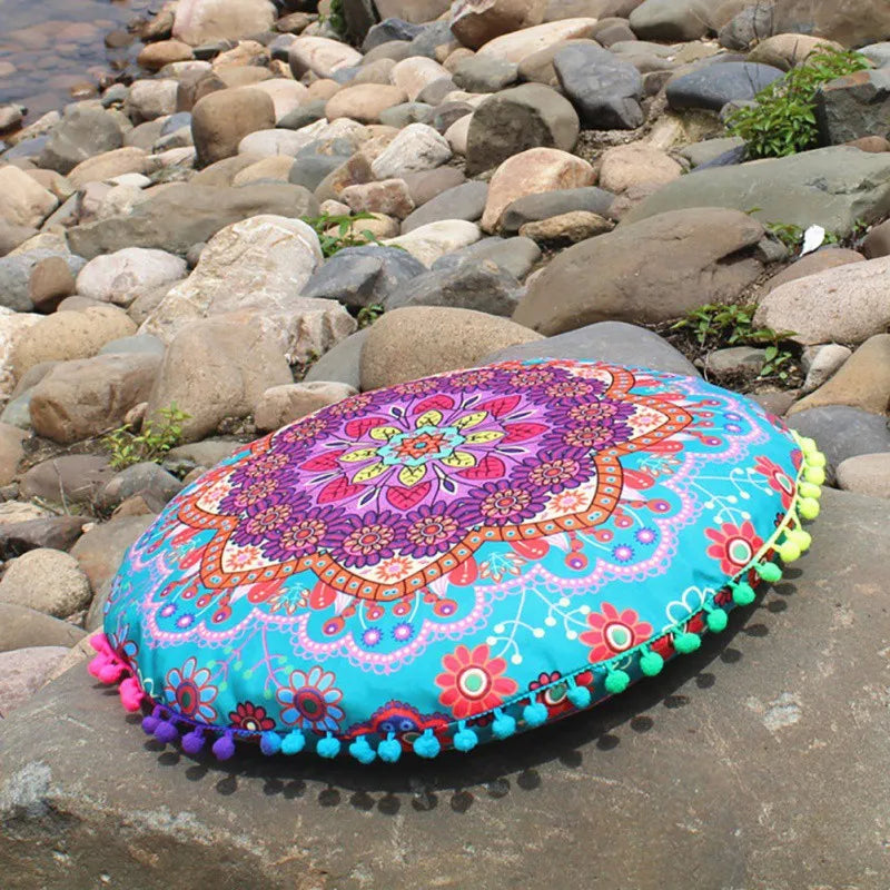 Runder Mandala Kissenbezug – Boho Stil Pouf Kissenhülle im Indianischen Design für Bodenpillow und Dekoration