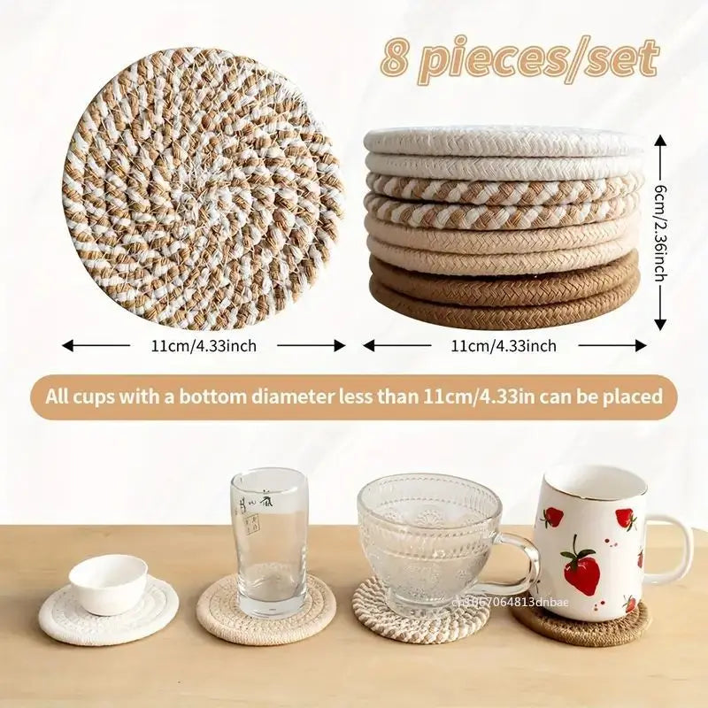 8er-Set Absorbierende Untersetzer für Getränke mit Halter – Minimalistische Baumwollgewebte Coaster für Tischdekoration im Boho-Stil