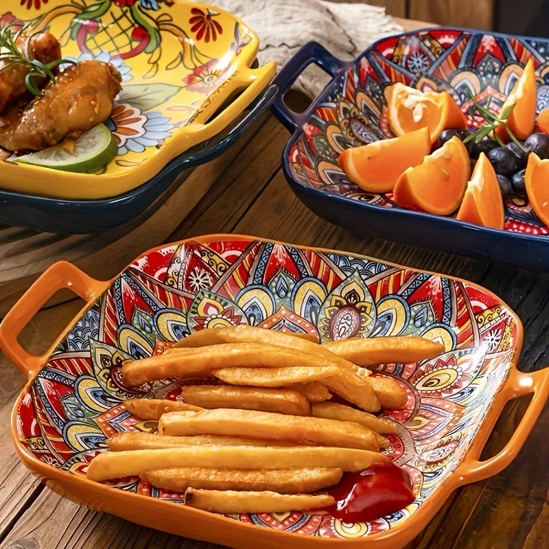 Boho Keramik Servierteller 23 cm – Florales Sushi-, Salat- & Abendessen Geschirr, Mikrowellen- & Spülmaschinenfest