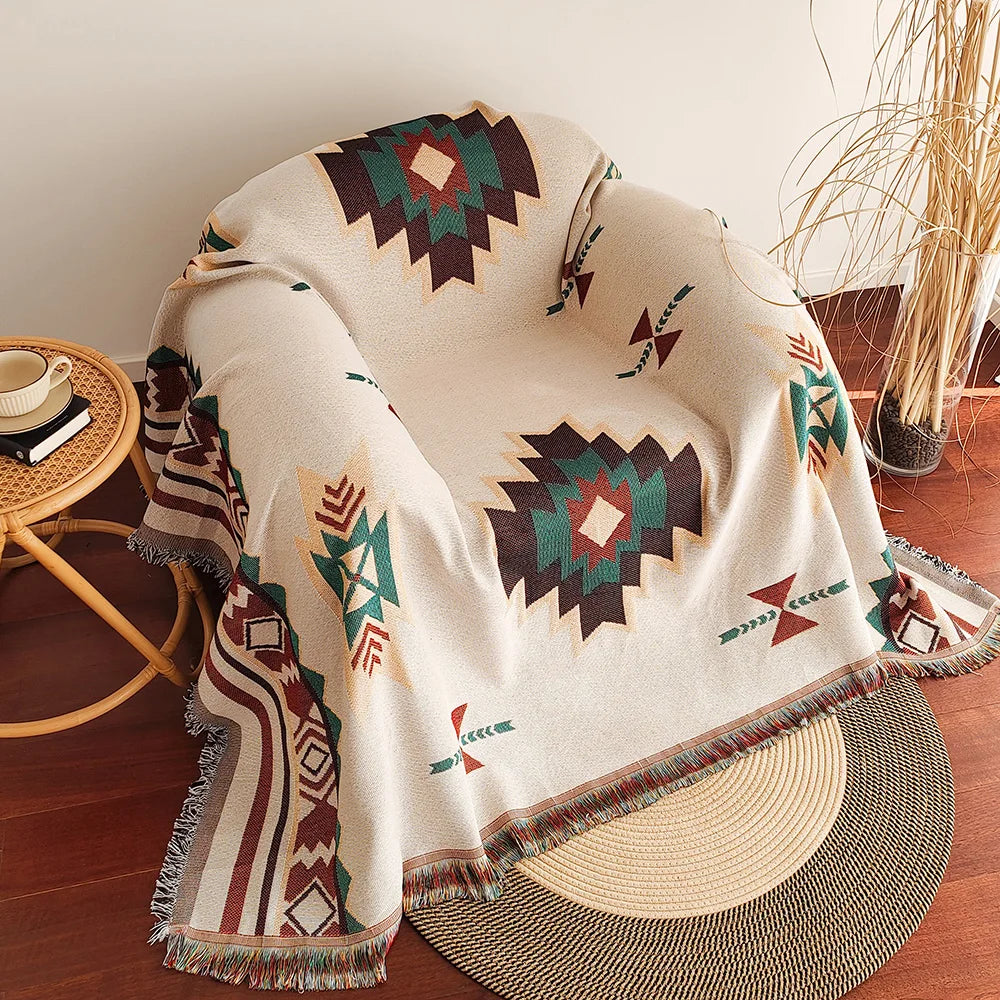 Aztec Boho Decke mit Fransen – Oversized, Wendedesign im Southwestern-Geometric Stil, Vintage Woven Tapestry, Für Sofa und Bett