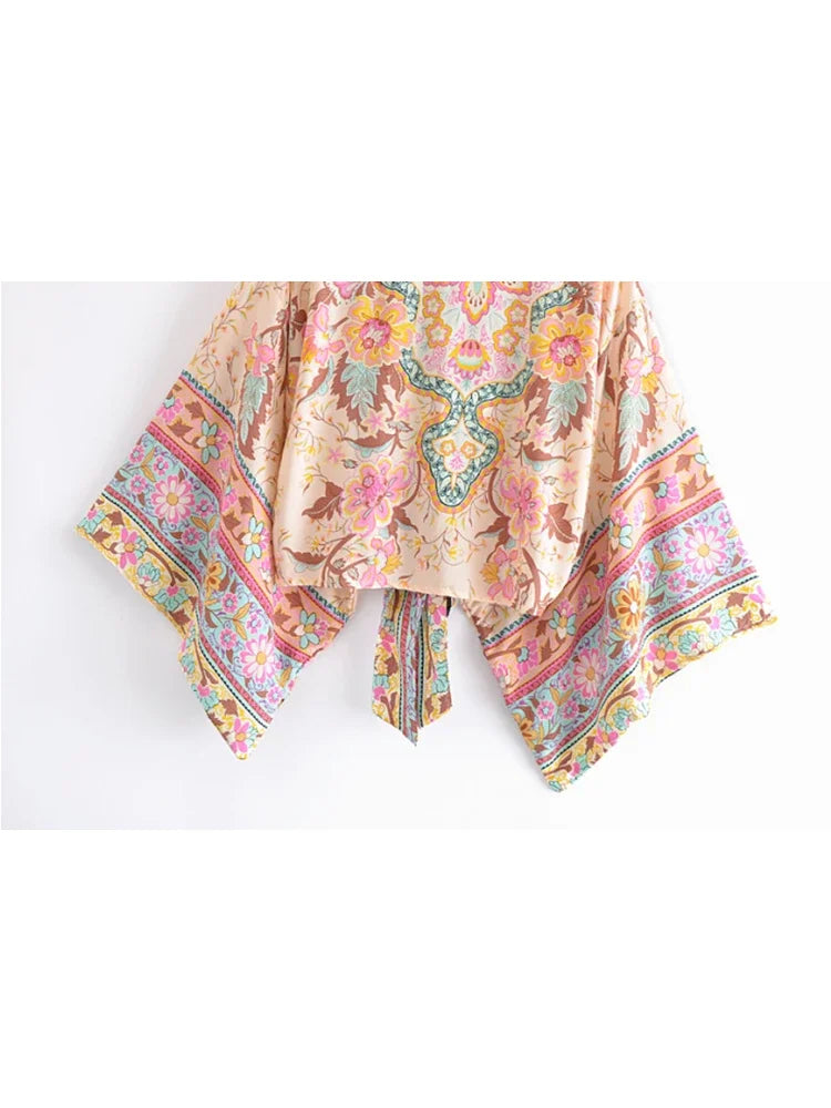 Boho Chic Vintage Peacock Floral Print Kimono für Damen – Batwing Ärmel Strandrobe aus Rayon und Baumwolle