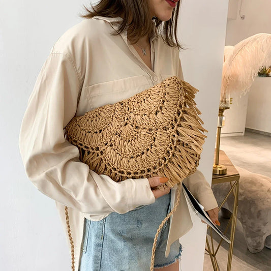 Handgemachte Sommer-Stroh-Taschen für Damen mit Quasten – Raffia Rattan Woven Beach Bag, Schultertasche, Crossbody und Clutch für den Urlaub