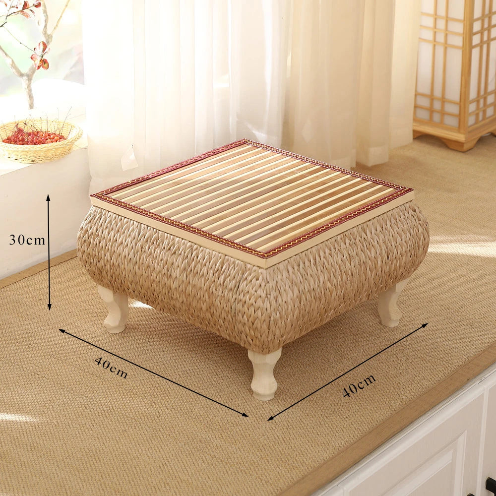 Minimalistischer Rattan-Couchtisch im Japanischen Stil mit Aufbewahrung – Schwebendes Fensterdesign aus Massivholz