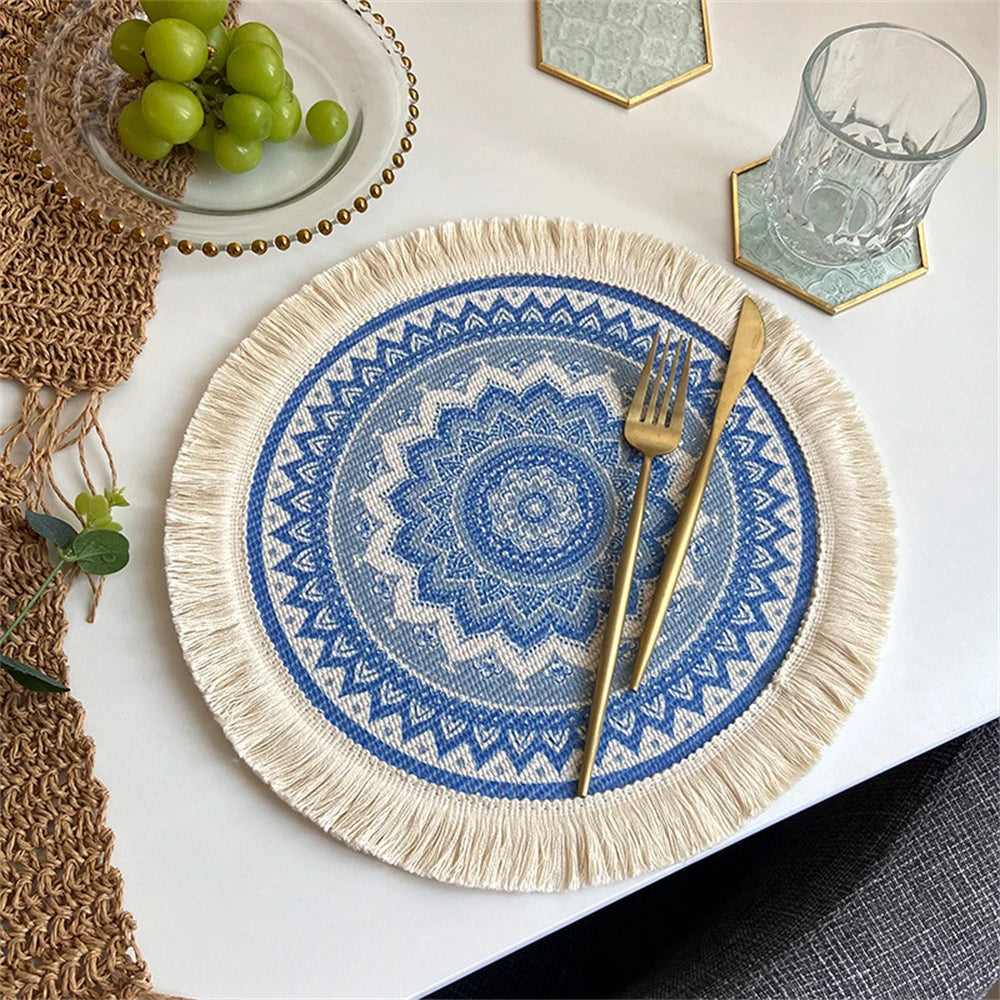 Boho Runde Tischmatte – Handgewebte Leinen-Tassel-Platzmatte mit Stickerei, Rutschfest, Isolierend, für Esszimmer und Küchen Dekoration