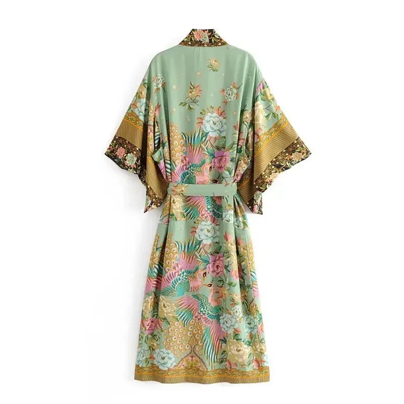 Happie Queens Bohemian Kimono Maxi Robe für Damen mit Pfauen- und Blumenprint – V-Ausschnitt, Batwing-Ärmel, Sommer-Bikini-Überwurf