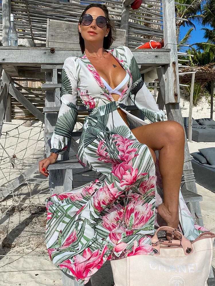 Bikini Beach Cover-Up Tunika mit Blätterdruck – Lange Kaftan Sarong Badeanzug Bedeckung für den Strand