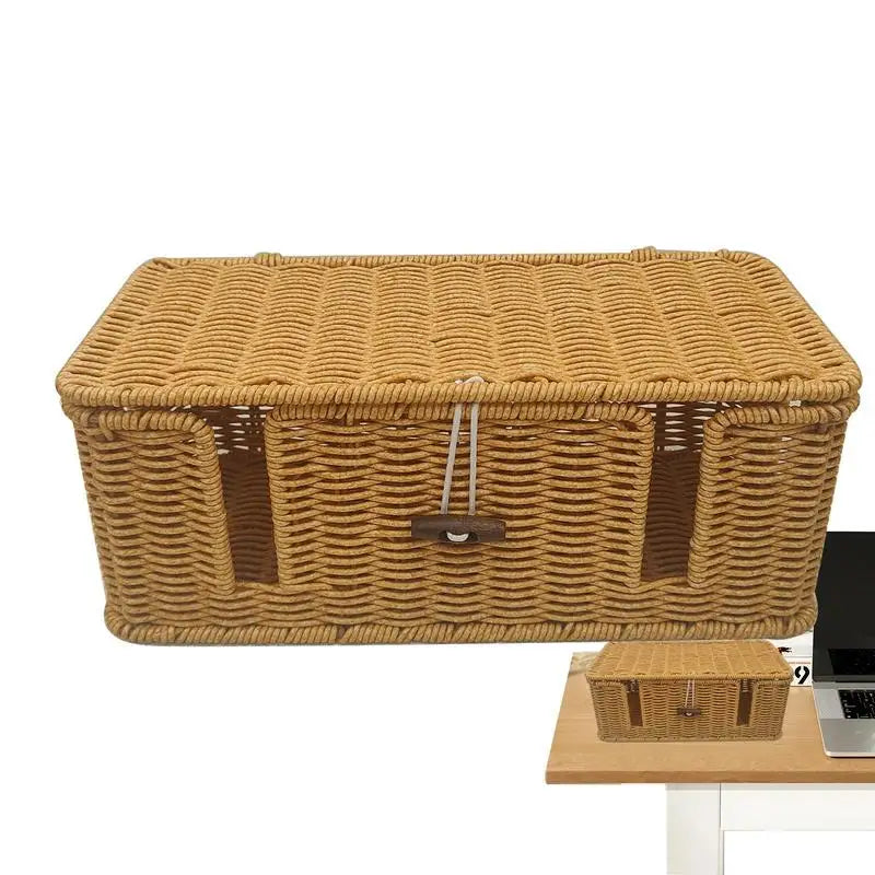 Handgefertigte Kabel-Aufbewahrungsbox aus Imitations-Rattan mit 4 Fächern – Praktischer Organizer für TV-Kabel, Computer, Router und USB-Ladegeräte