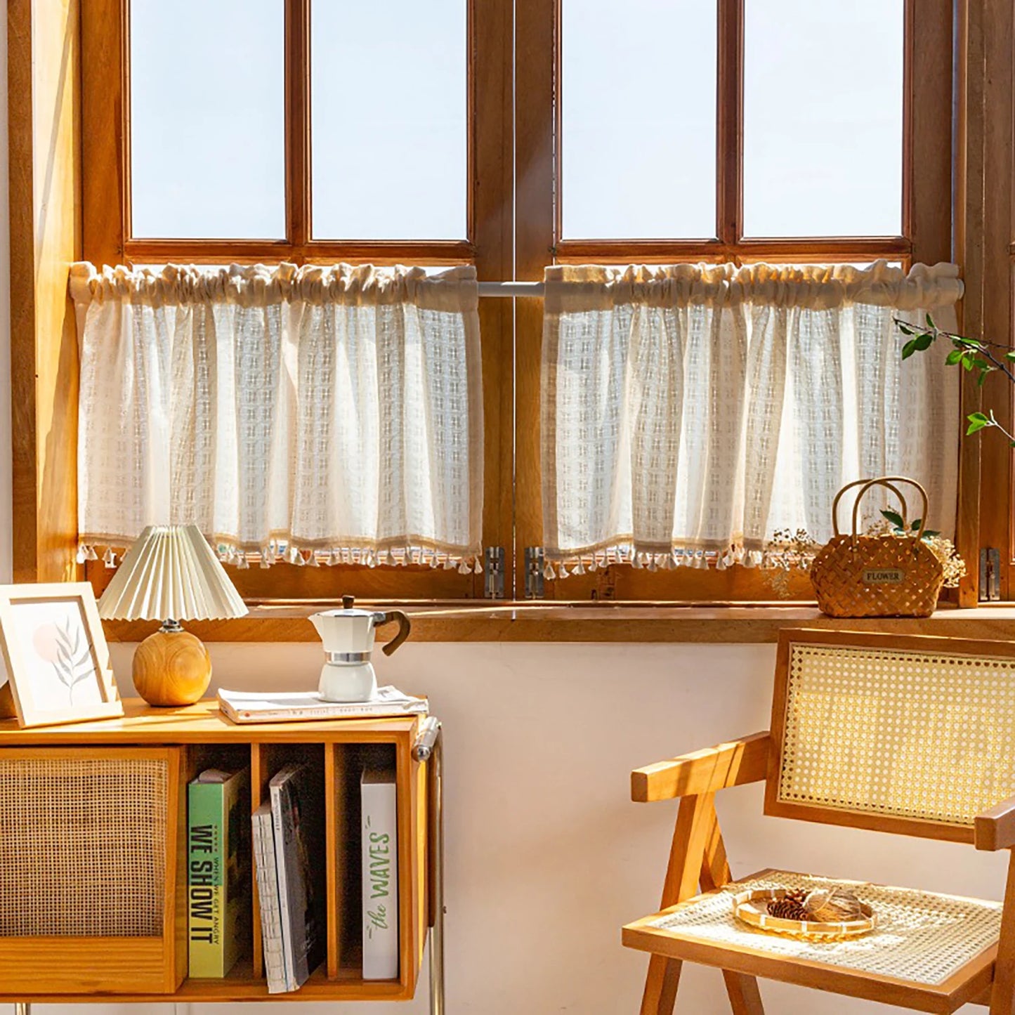 Retro Lattice Vorhang mit Quasten – Halbtransparente, strukturierte Gardine im Landhausstil für kleine Fenster