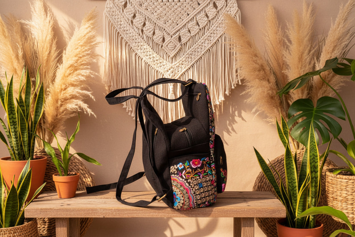 Midnight Blossom – Bestickter Vintage-Rucksack aus Baumwoll-Segeltuch