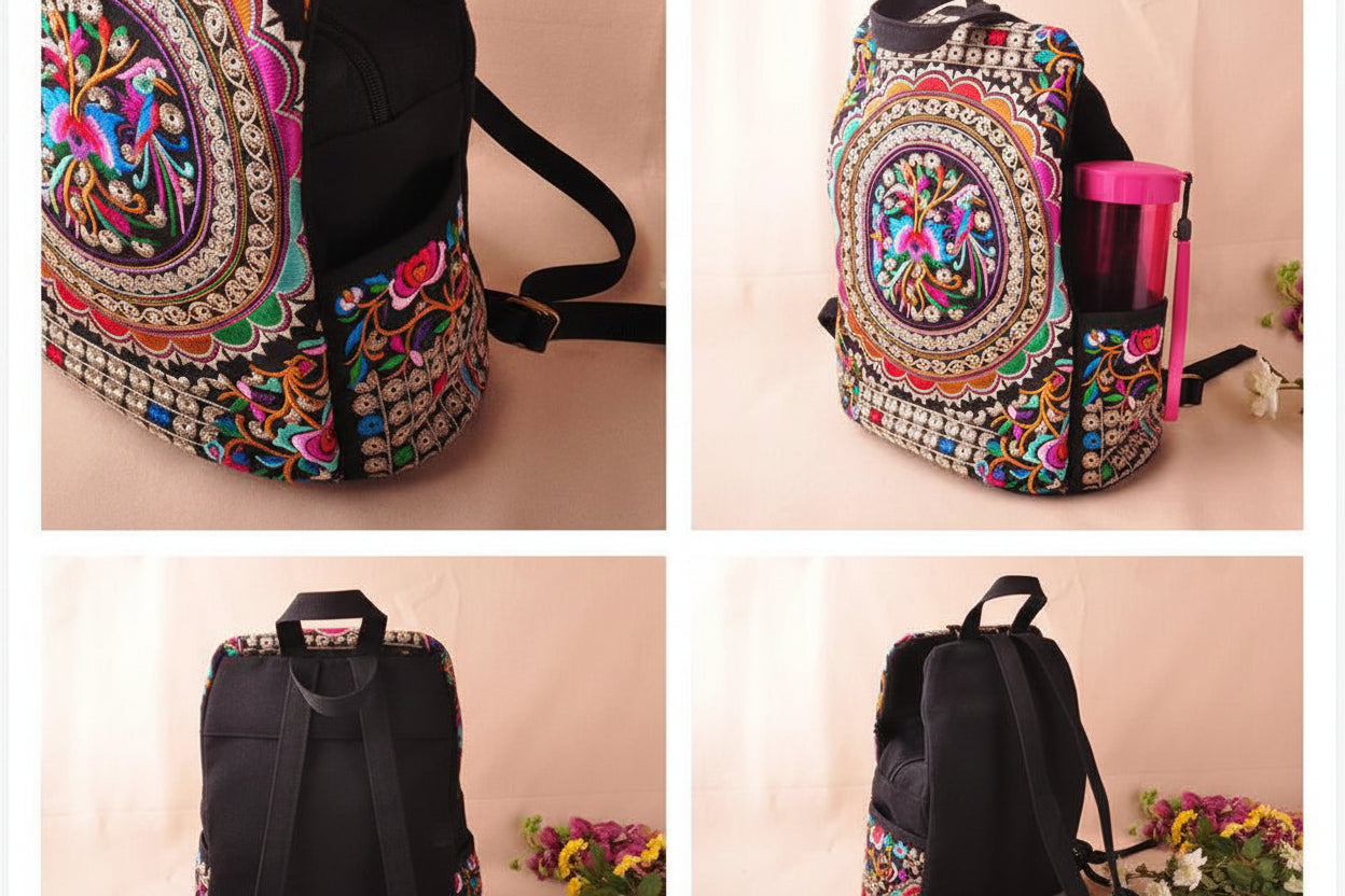 Midnight Blossom – Bestickter Vintage-Rucksack aus Baumwoll-Segeltuch
