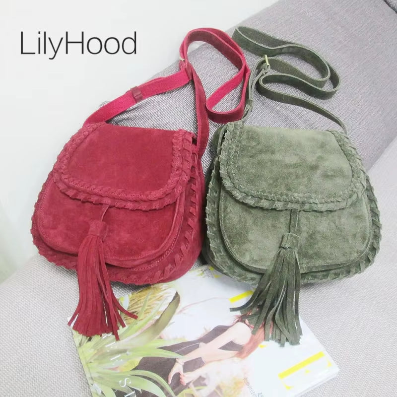 Frauen Suede Echtleder Geflochtene Fransen Sattel Tasche Natürlicher Nubuk Mittelgroße Ibiza Gypsy Hippie Boho Handy Umhängetasche