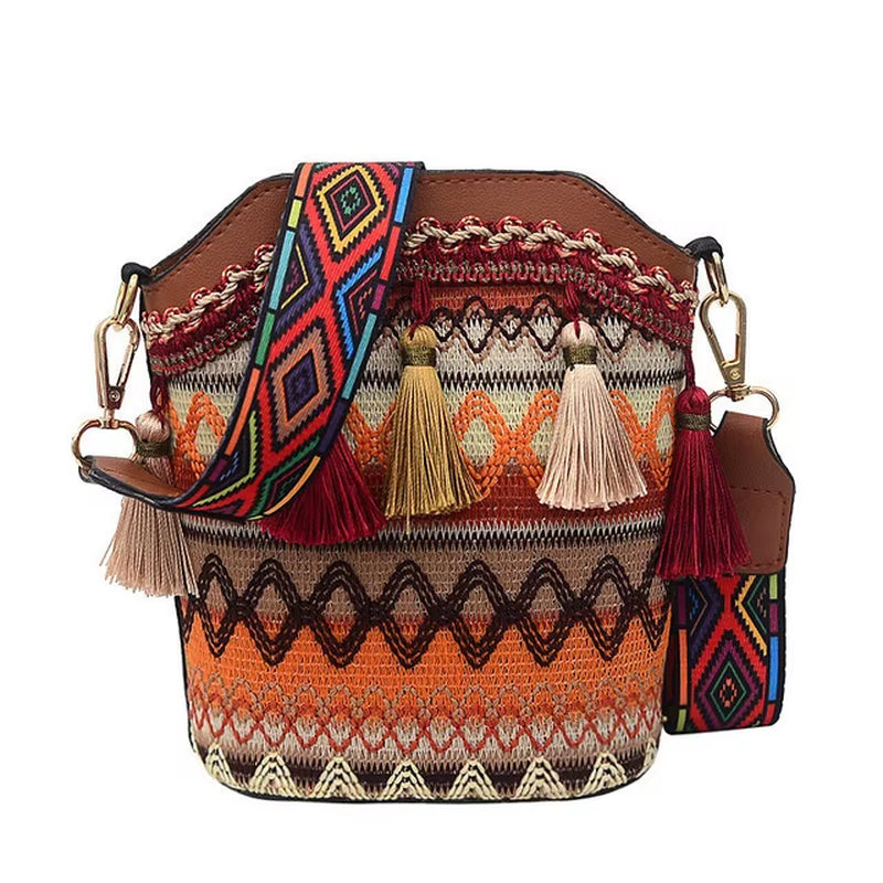 Boho Bucket Bag – Trendige Messenger Schultertasche im Ethno-Stil mit Gewebten Tasseln