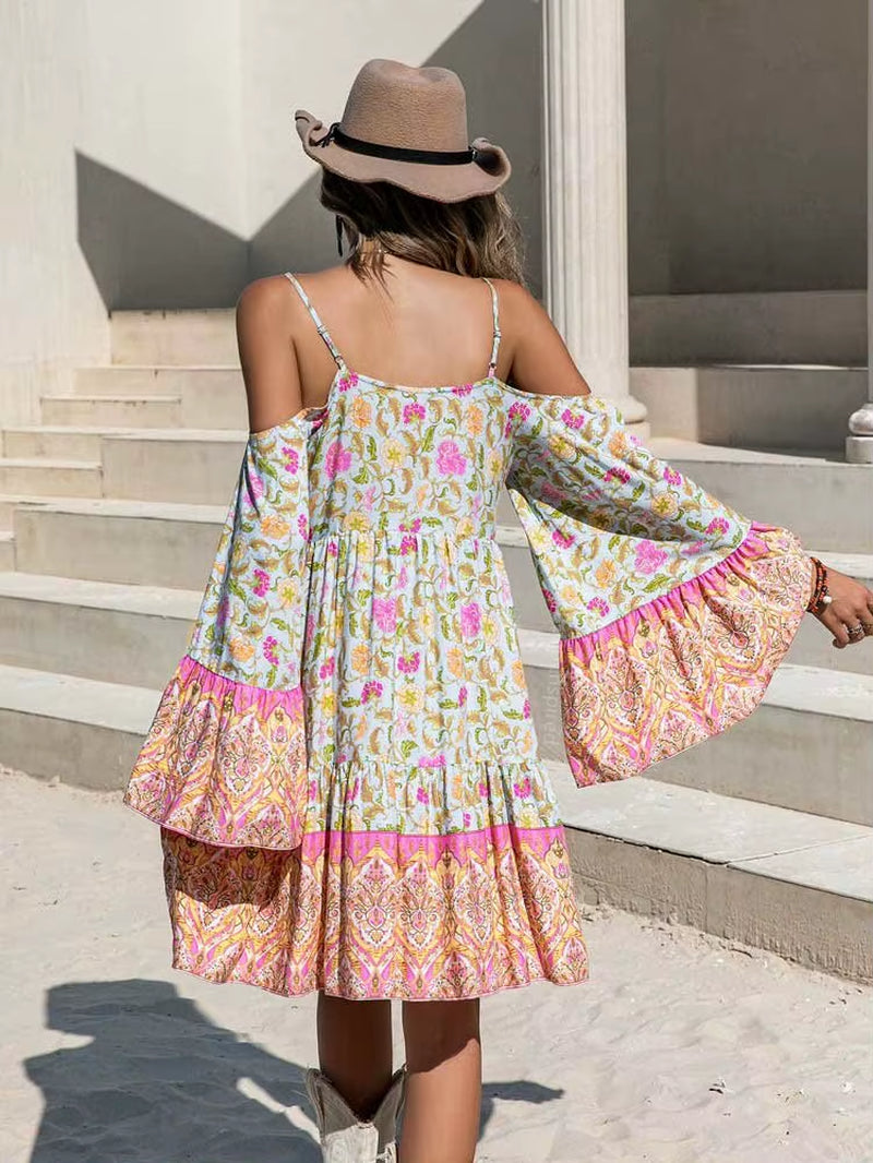 Floral Print Rayon Mini Boho Dress for Women off Shoulder