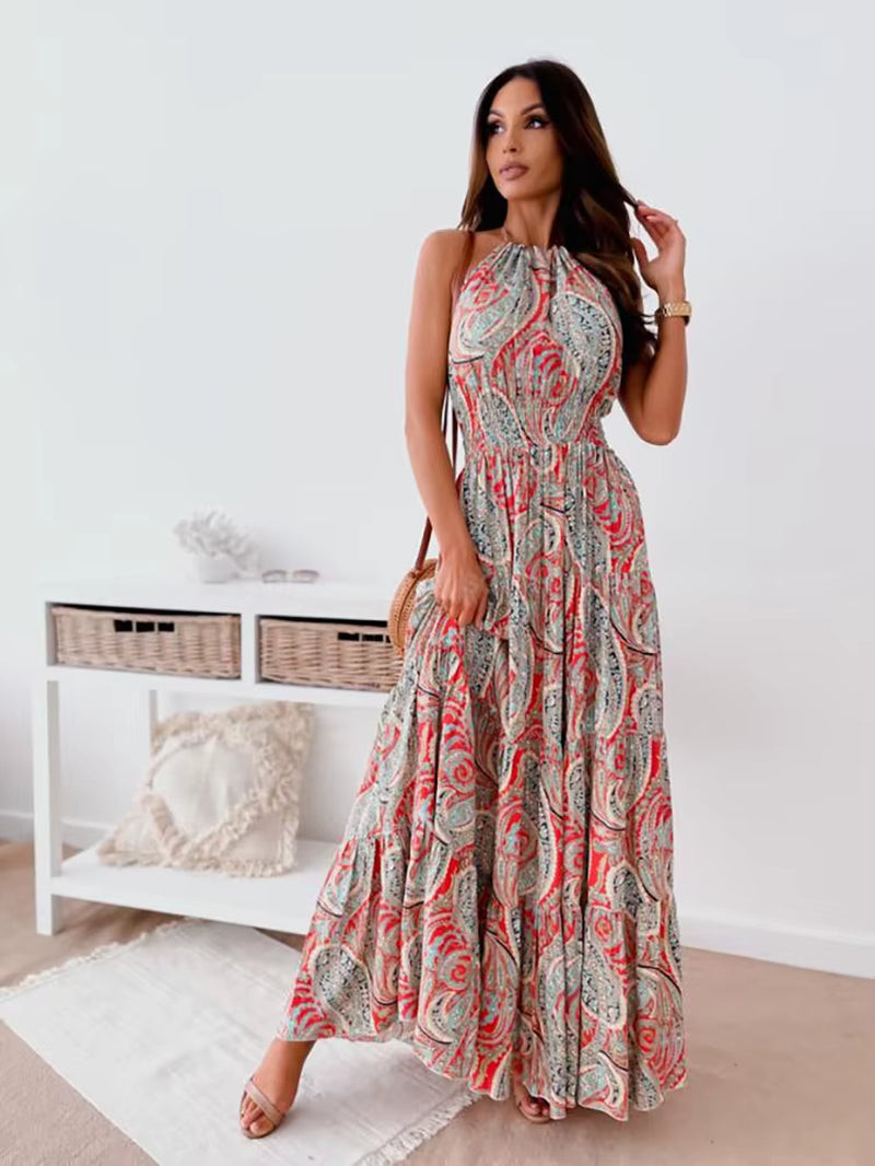 Summer Vibes: Sexy Floral Halter Maxi Dress – Bohemian Backless Beach Dress mit Rüschen und Großem Saum