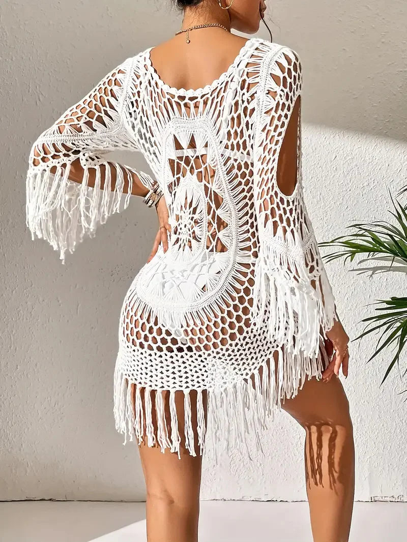 Bohemian Cover-Up Dress with Fringe Trim Beachwear