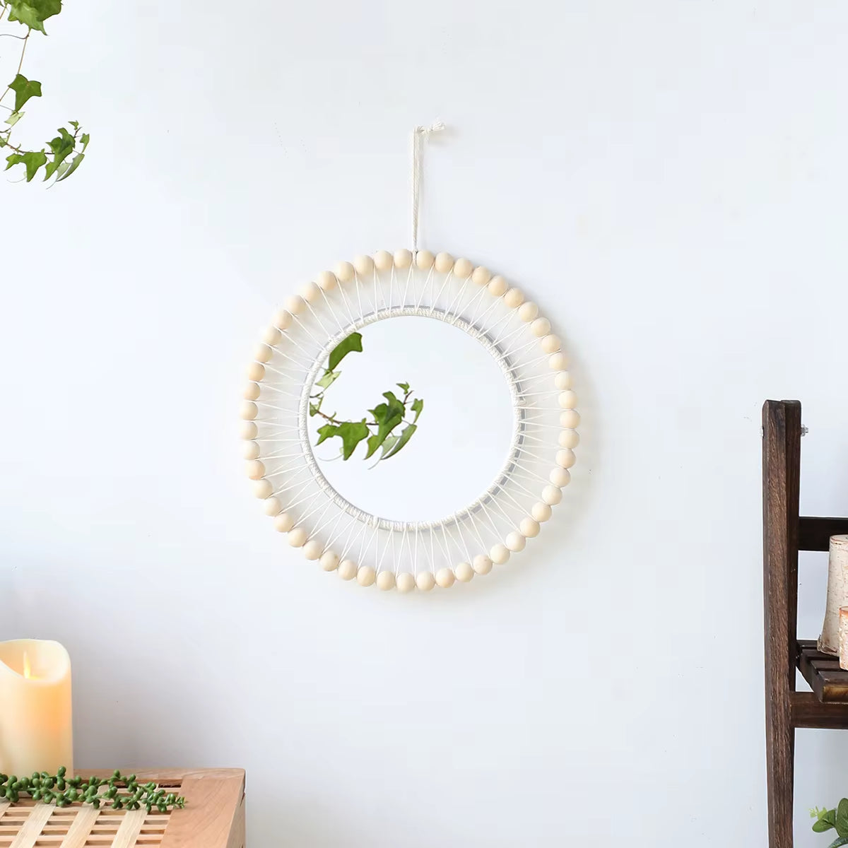 Handgefertigter Boho Wandspiegel – Macrame Weißes Blatt Design für Dein Zuhause