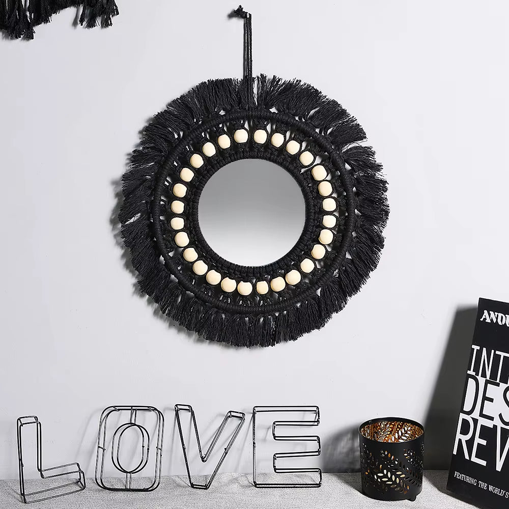 Schwarzer Makramee Spiegel mit Holzperlen – Boho Wanddekor für dein Zuhause 🌿✨