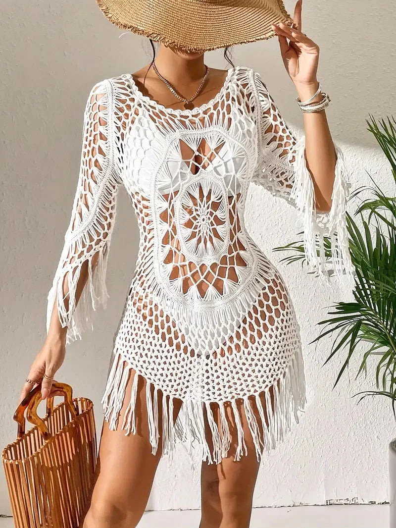 Bohemian Cover-Up Dress with Fringe Trim Beachwear