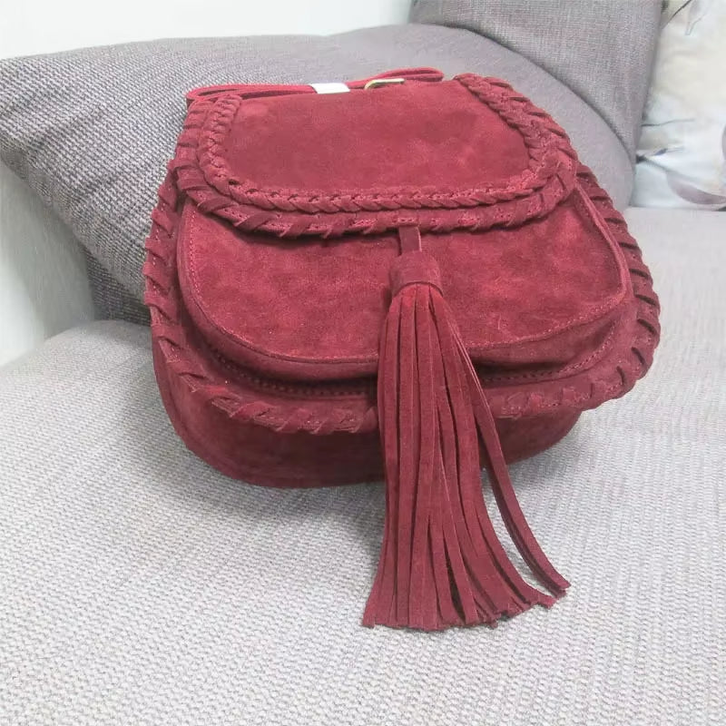 Frauen Suede Echtleder Geflochtene Fransen Sattel Tasche Natürlicher Nubuk Mittelgroße Ibiza Gypsy Hippie Boho Handy Umhängetasche