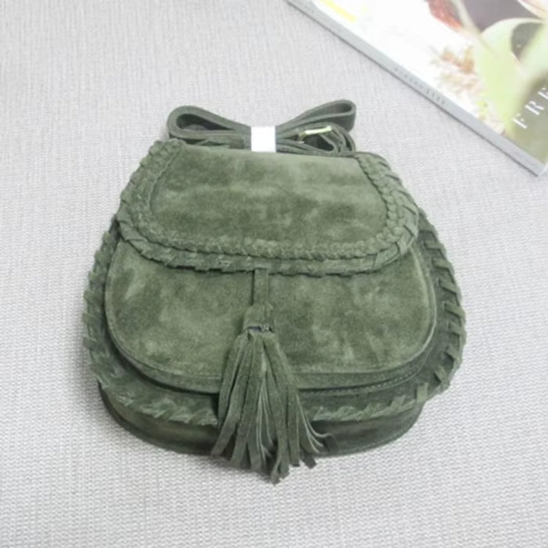 Frauen Suede Echtleder Geflochtene Fransen Sattel Tasche Natürlicher Nubuk Mittelgroße Ibiza Gypsy Hippie Boho Handy Umhängetasche