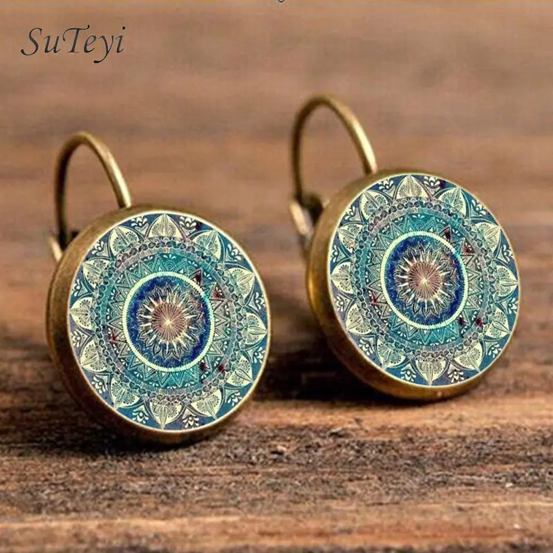 Charm Henna Yoga Amulet Ladies Earrings round Glass Cabochon Earings Jewelry Bohemian Mandala Earrings for Women